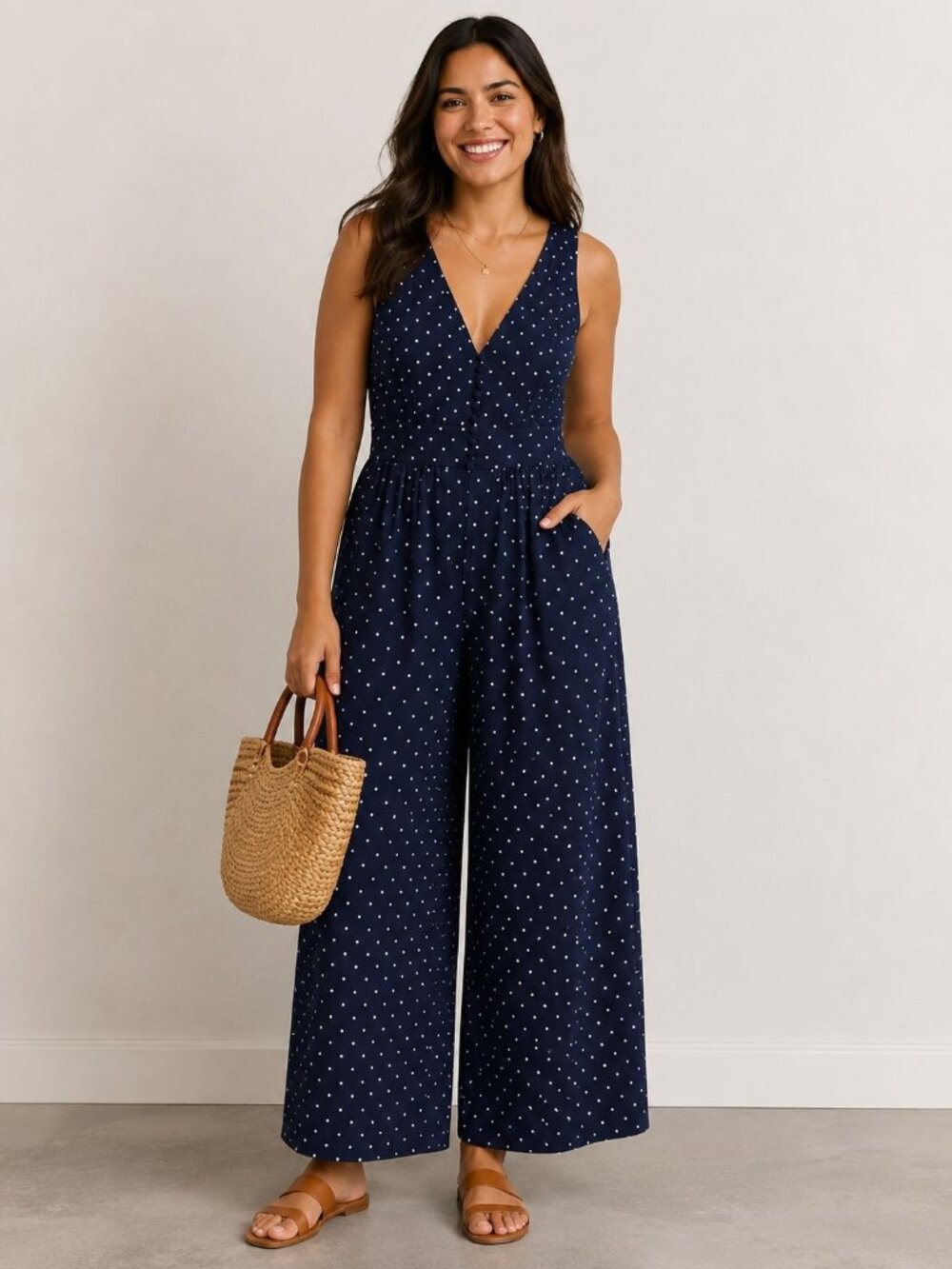 Madewell Polka Dot Jumpsuit Navy Wide Leg Sleeveless Button Front Romper 8